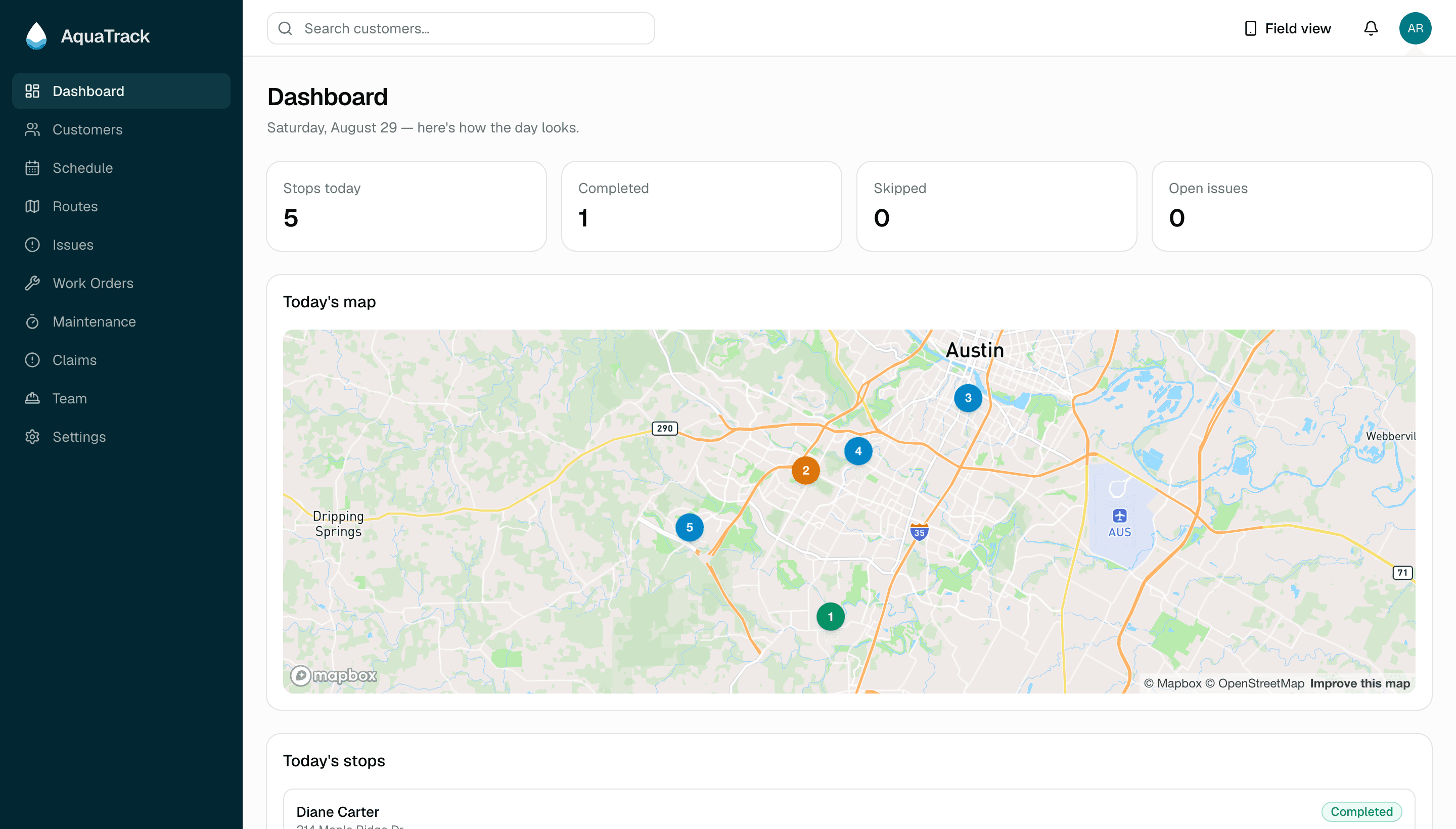 The AquaTrack dashboard showing today's stop count, a map of the route and the first stops of the day.